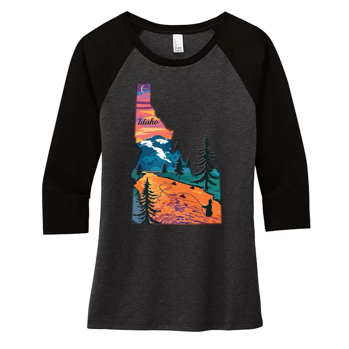 Vintage Fish Idaho State Map Id Fly Fishing Women's Tri-Blend 3/4-Sleeve Raglan Shirt