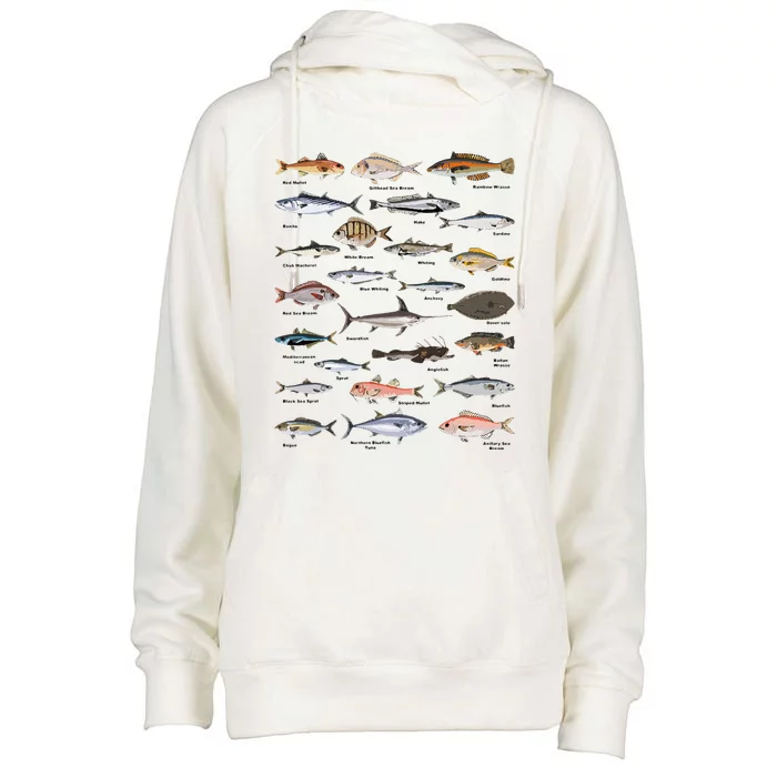 Vintage Fish Identification Chart Fishing Womens Funnel Neck Pullover Hood