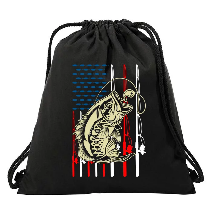 Vintage Fishing Lover Bass Fisherman American Flag Drawstring Bag