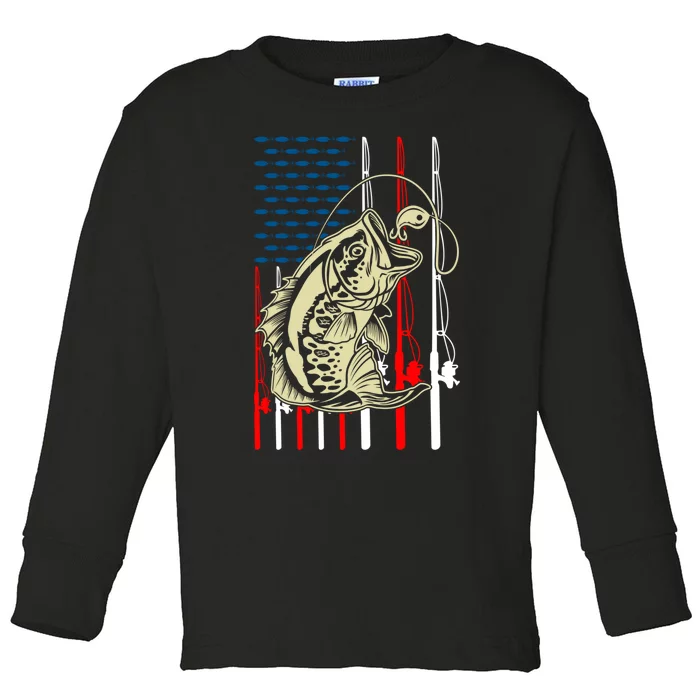 Vintage Fishing Lover Bass Fisherman American Flag Toddler Long Sleeve Shirt