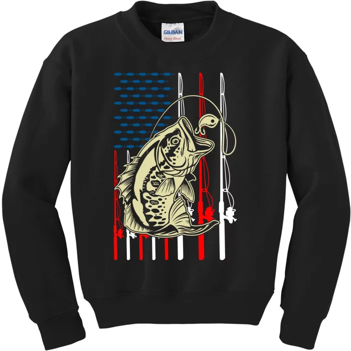 Vintage Fishing Lover Bass Fisherman American Flag Kids Sweatshirt