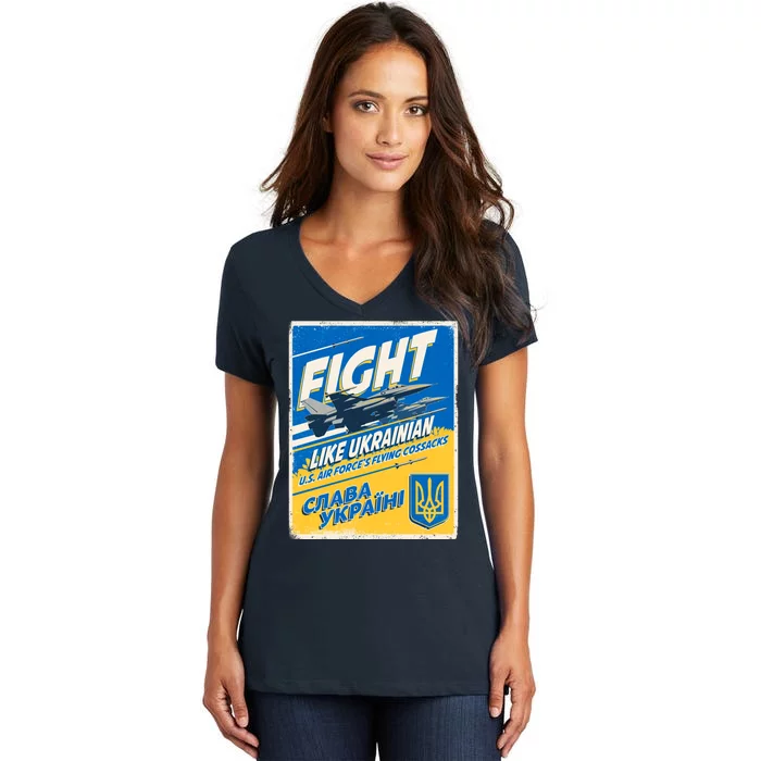 Vintage FIGHT Like Ukrainian US AIR Force's Flying Cossacks Poster Women's V-Neck T-Shirt