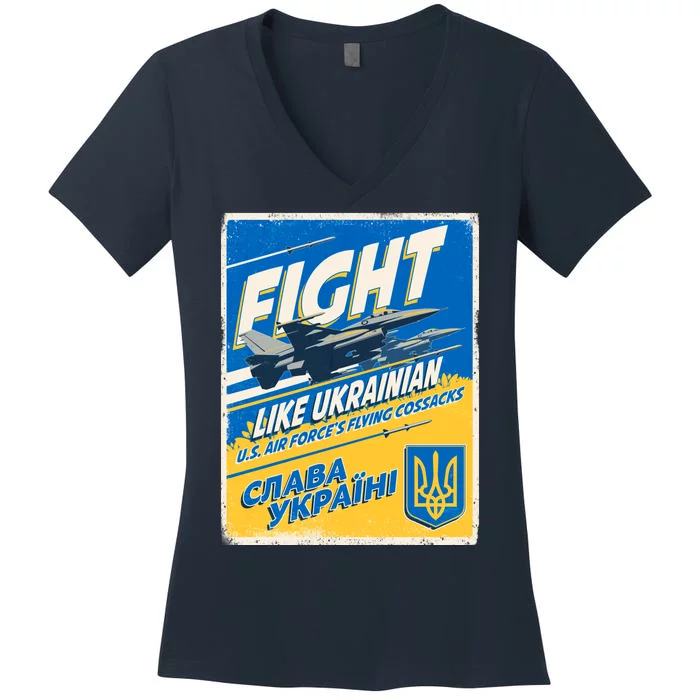 Vintage FIGHT Like Ukrainian US AIR Force's Flying Cossacks Poster Women's V-Neck T-Shirt