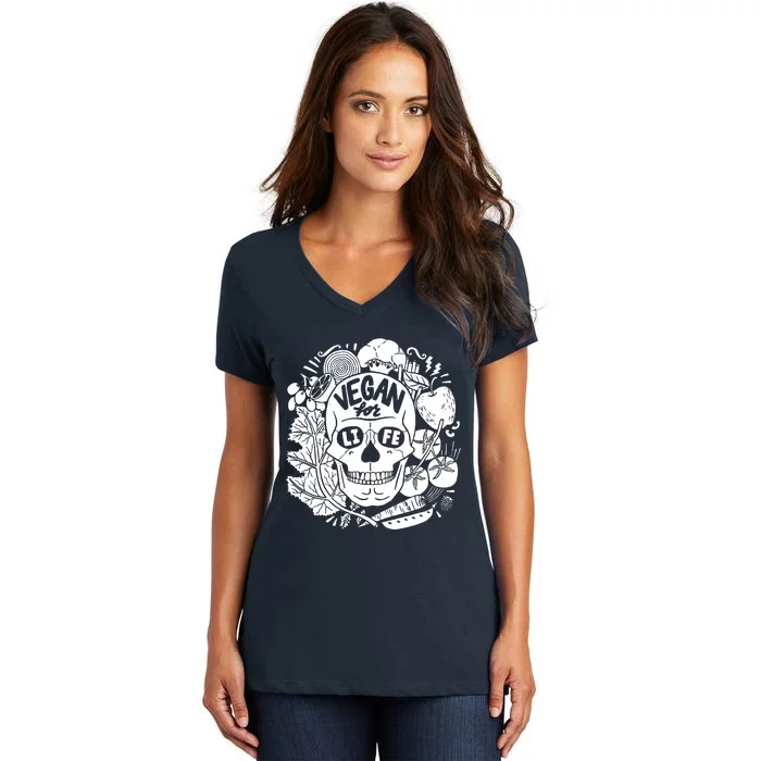 Vegan For Life Skull Vegan Clothing Women's V-Neck T-Shirt