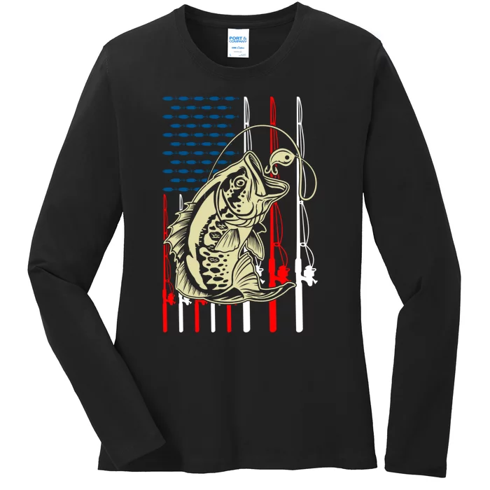 Vintage Fishing Lover Bass Fisherman Fishing American Flag Ladies Long Sleeve Shirt