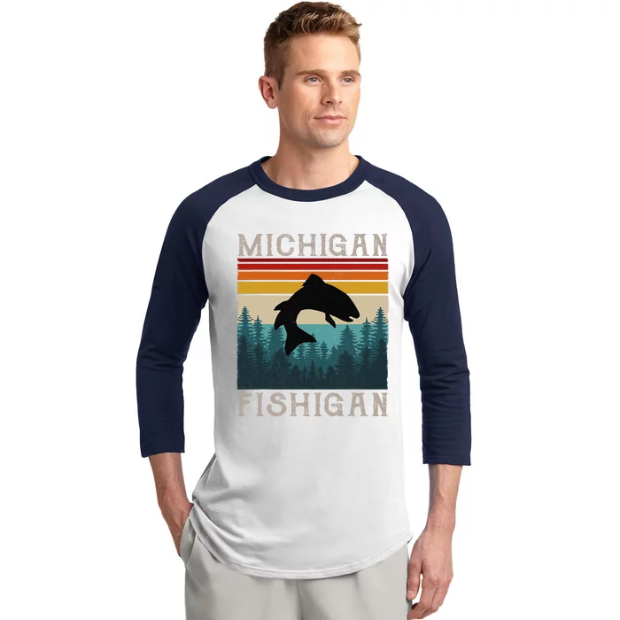 Vintage Fishing Michigan Pun Michigan Fishigan Baseball Sleeve Shirt