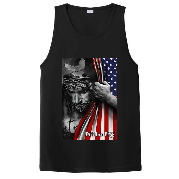 Vintage Faith Over Fear Christian Cross American Flag Performance Tank