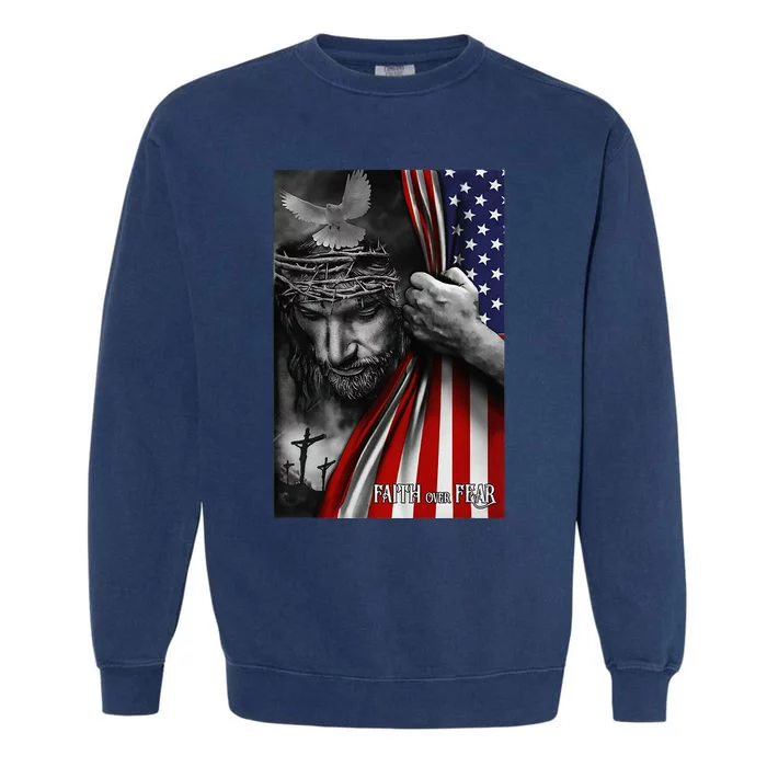 Vintage Faith Over Fear Christian Cross American Flag Garment-Dyed Sweatshirt