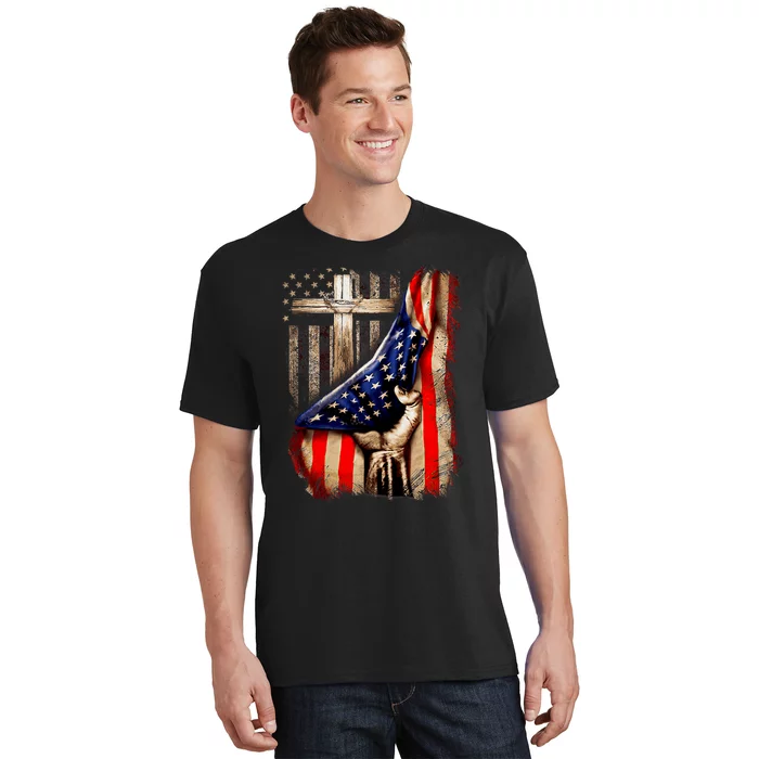 Vintage Faith Over Fear Christian Cross American Flag T-Shirt