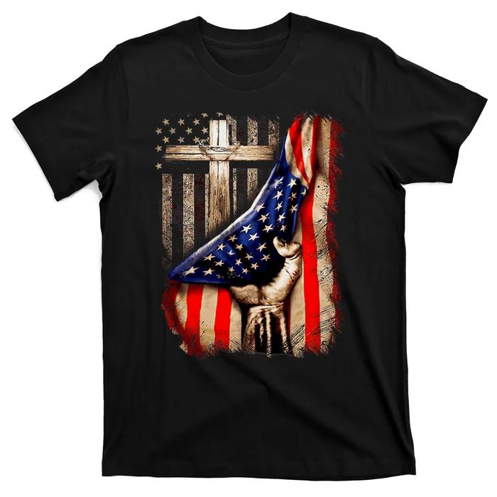 Vintage Faith Over Fear Christian Cross American Flag T-Shirt