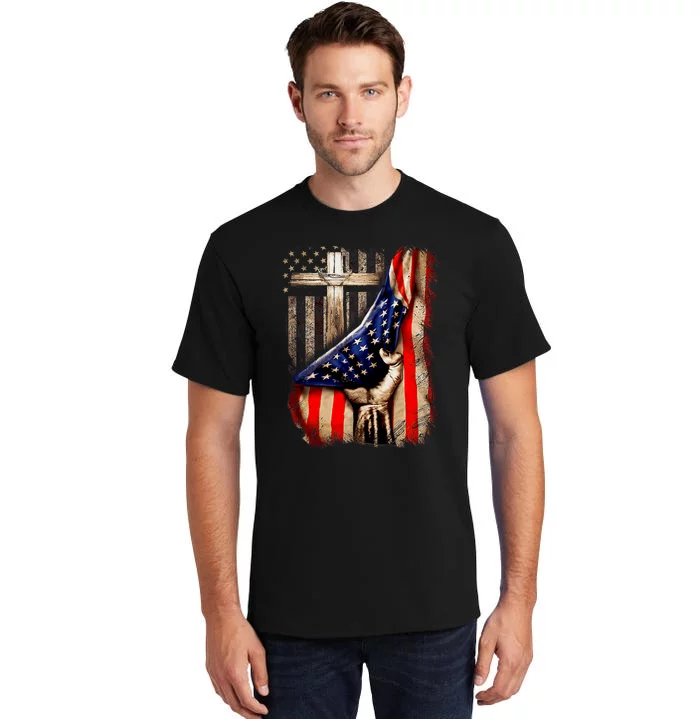 Vintage Faith Over Fear Christian Cross American Flag Tall T-Shirt