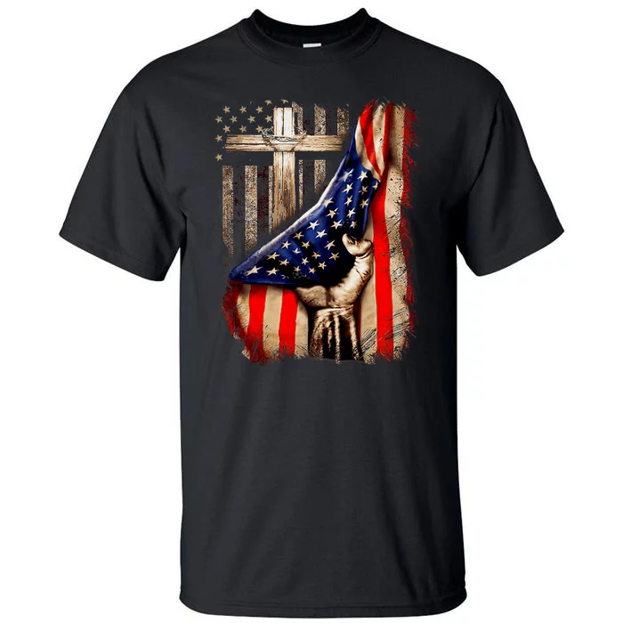 Vintage Faith Over Fear Christian Cross American Flag Tall T-Shirt