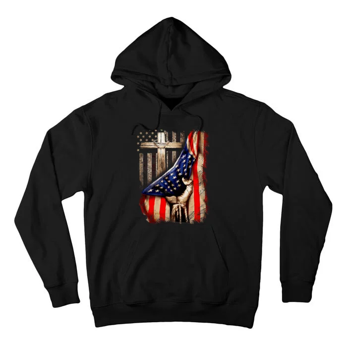 Vintage Faith Over Fear Christian Cross American Flag Tall Hoodie