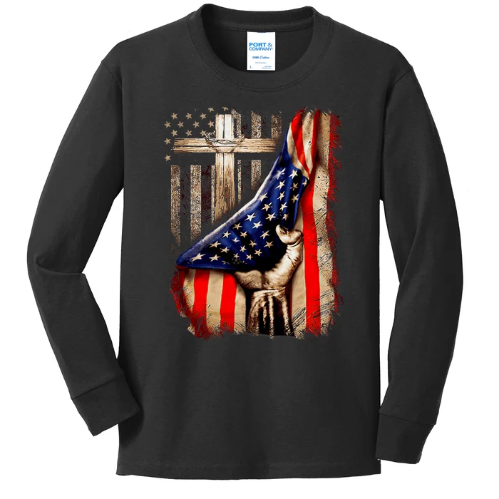 Vintage Faith Over Fear Christian Cross American Flag Kids Long Sleeve Shirt