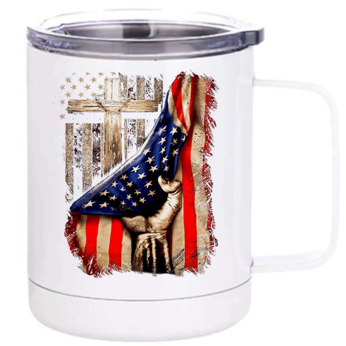 Vintage Faith Over Fear Christian Cross American Flag Front & Back 12oz Stainless Steel Tumbler Cup