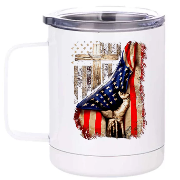 Vintage Faith Over Fear Christian Cross American Flag Front & Back 12oz Stainless Steel Tumbler Cup