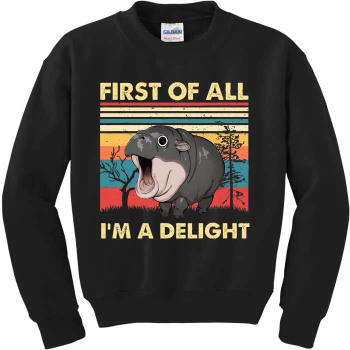 Vintage First Of All IM A Delight Moo Deng Baby Pygmy Hippo Kids Sweatshirt