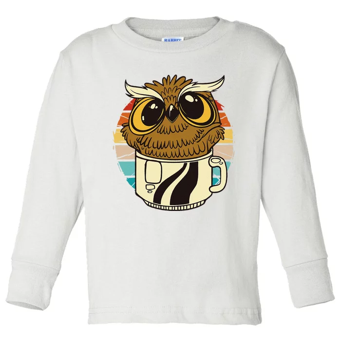 Vintage funny owl inside a coffee cup coffee night owl Toddler Long Sleeve Shirt