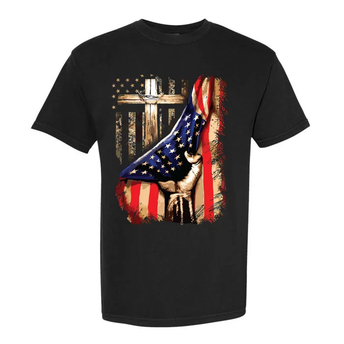 Vintage Faith Over Fear Christian Cross American Flag Garment-Dyed Heavyweight T-Shirt