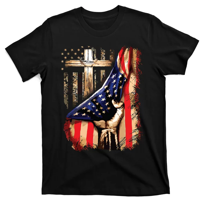 Vintage Faith Over Fear Christian Cross American Flag T-Shirt