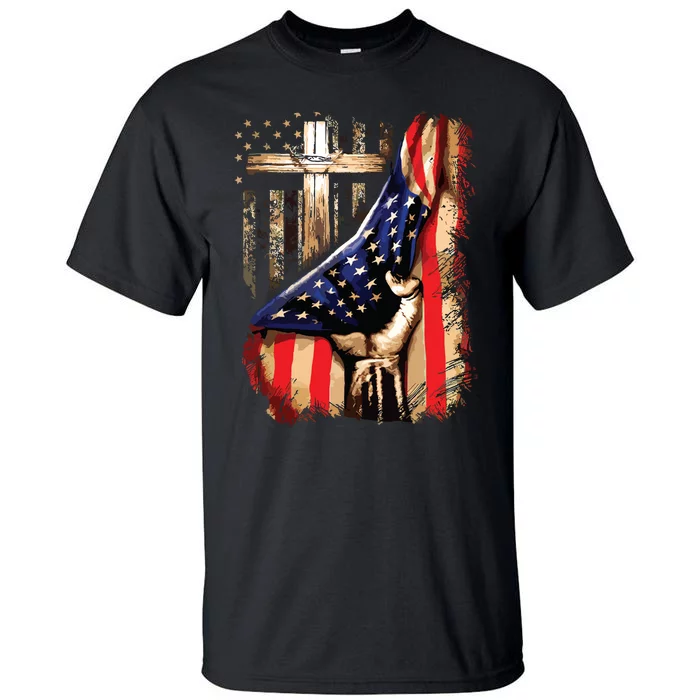 Vintage Faith Over Fear Christian Cross American Flag Tall T-Shirt