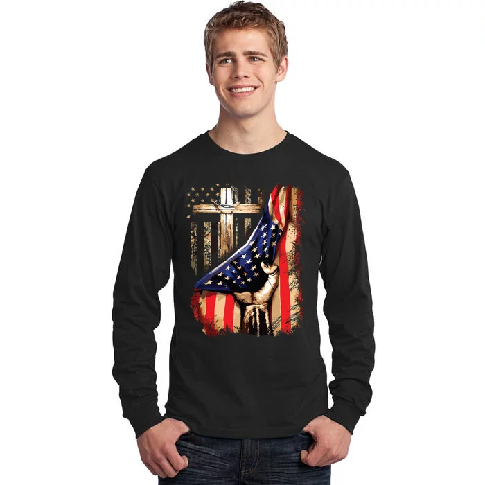 Vintage Faith Over Fear Christian Cross American Flag Tall Long Sleeve T-Shirt