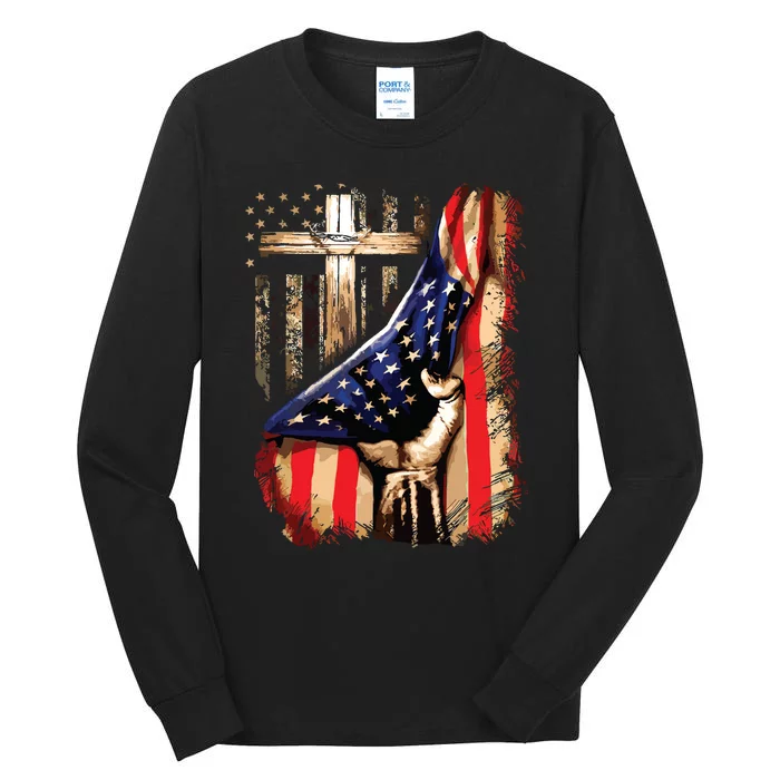 Vintage Faith Over Fear Christian Cross American Flag Tall Long Sleeve T-Shirt