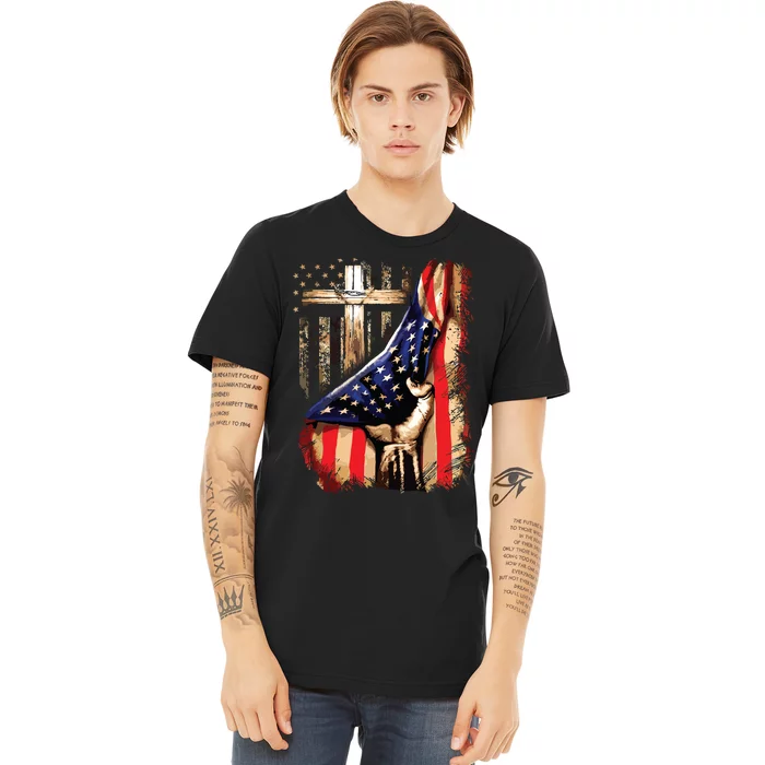 Vintage Faith Over Fear Christian Cross American Flag Premium T-Shirt