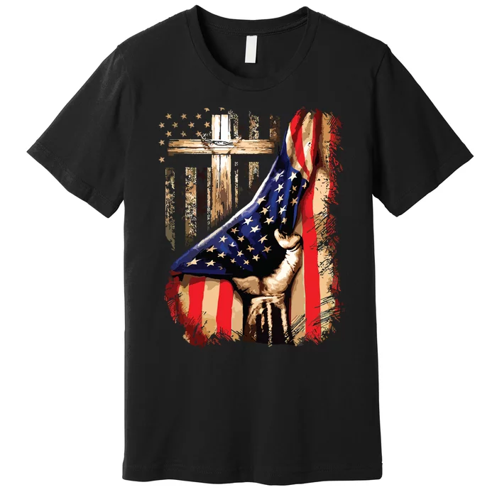 Vintage Faith Over Fear Christian Cross American Flag Premium T-Shirt