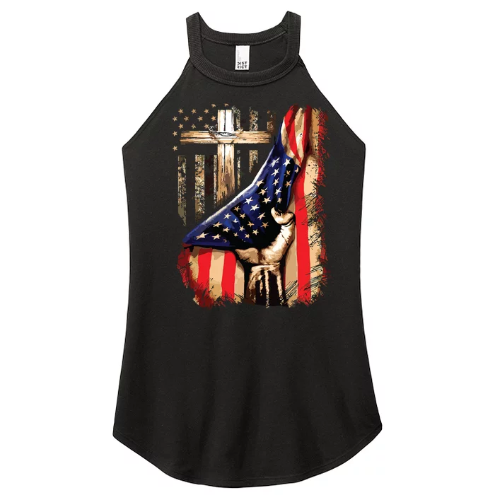 Vintage Faith Over Fear Christian Cross American Flag Women’s Perfect Tri Rocker Tank