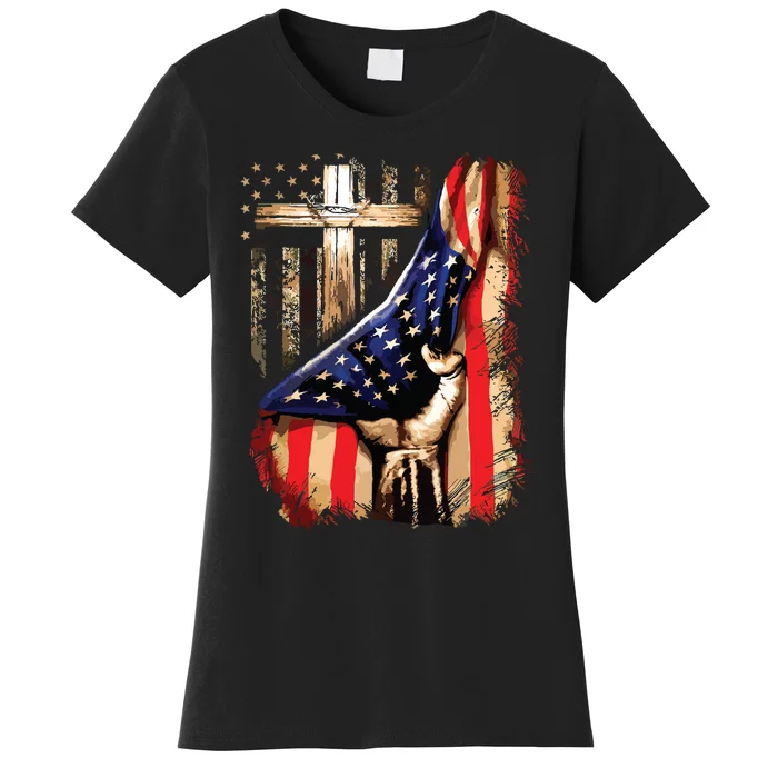 Vintage Faith Over Fear Christian Cross American Flag Women's T-Shirt