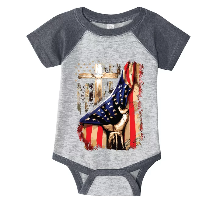 Vintage Faith Over Fear Christian Cross American Flag Infant Baby Jersey Bodysuit