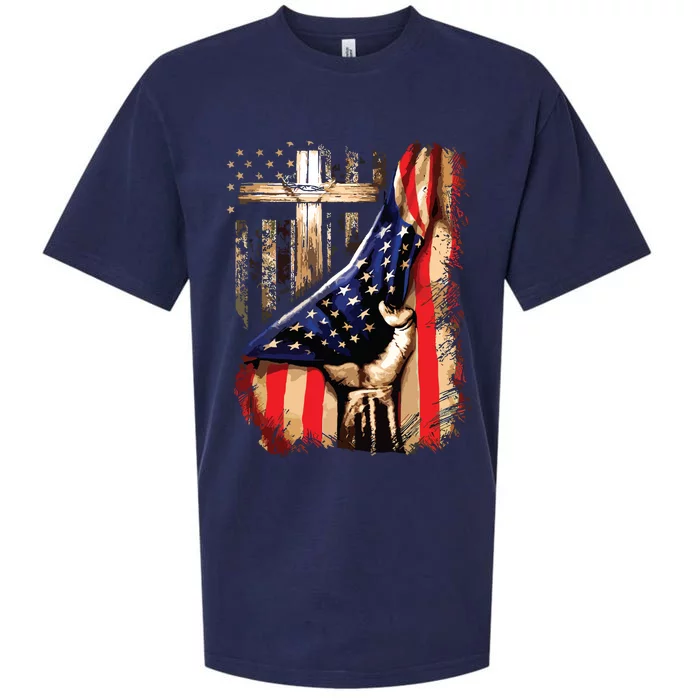 Vintage Faith Over Fear Christian Cross American Flag Sueded Cloud Jersey T-Shirt