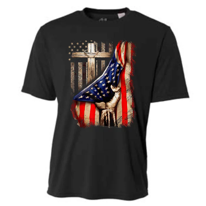 Vintage Faith Over Fear Christian Cross American Flag Cooling Performance Crew T-Shirt