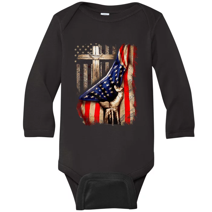 Vintage Faith Over Fear Christian Cross American Flag Baby Long Sleeve Bodysuit