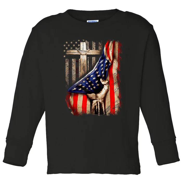 Vintage Faith Over Fear Christian Cross American Flag Toddler Long Sleeve Shirt