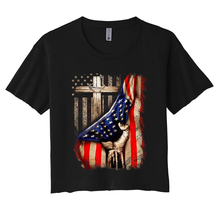 Vintage Faith Over Fear Christian Cross American Flag Women's Crop Top Tee