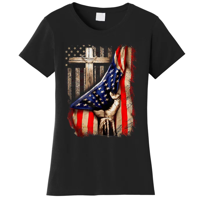 Vintage Faith Over Fear Christian Cross American Flag Women's T-Shirt