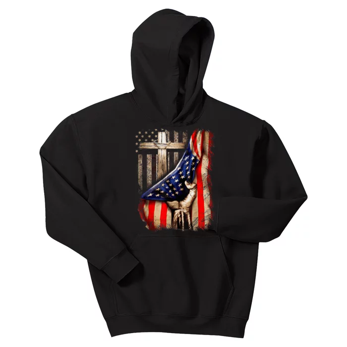 Vintage Faith Over Fear Christian Cross American Flag Kids Hoodie