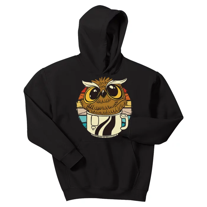 Vintage funny owl inside a coffee cup, coffee night owl Kids Hoodie