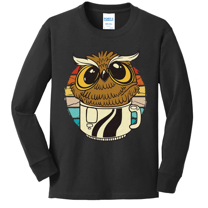 Vintage funny owl inside a coffee cup, coffee night owl Kids Long Sleeve Shirt