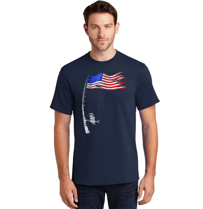 Vintage Fishing Rod American Flag Funny Fishing Gift Tall T-Shirt