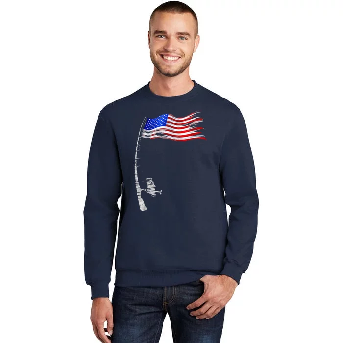 Vintage Fishing Rod American Flag Funny Fishing Gift Tall Sweatshirt