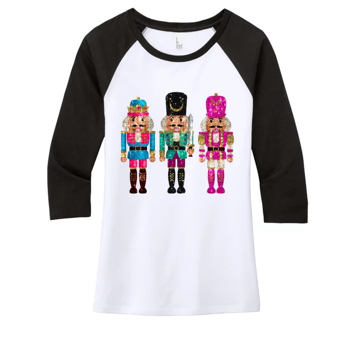 Vintage Funny Sequin Cheerful Nutcrackers Christmas Women's Tri-Blend 3/4-Sleeve Raglan Shirt