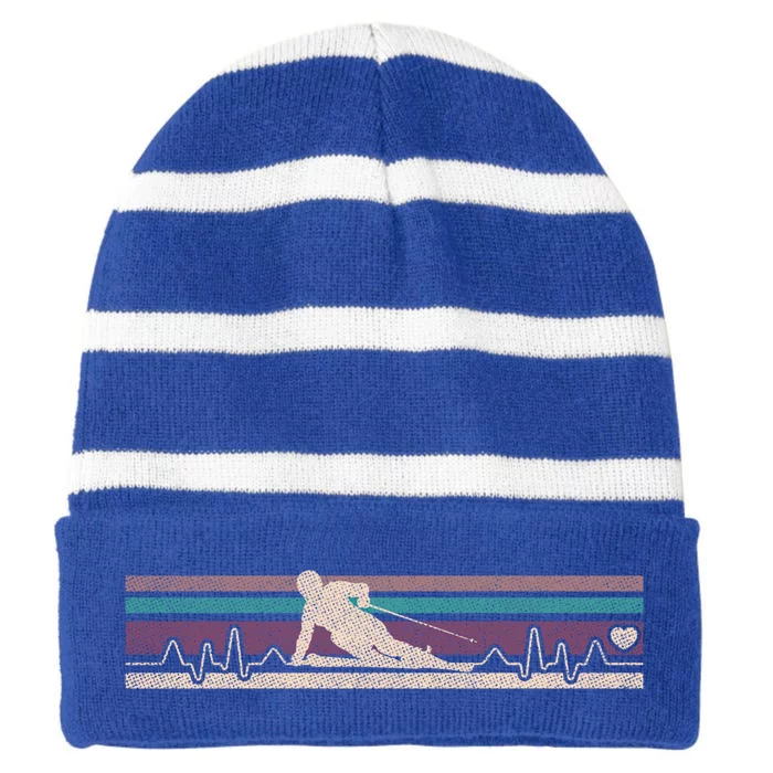 Vintage Funny Ski Gift Idea Skiing Graphic Heartbeat Gift Striped Beanie with Solid Band