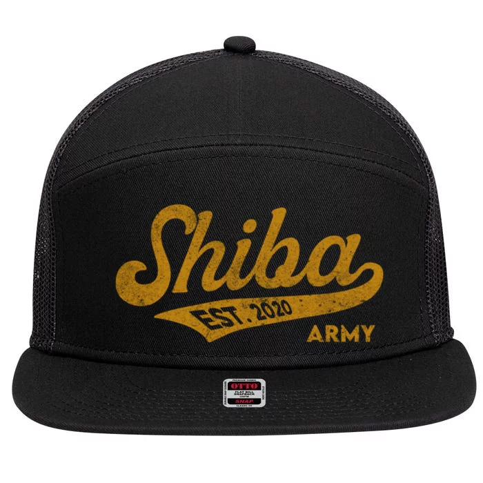 Vintage Funny Shiba Army Coin Script Bold Font Shiba Inu 7 Panel Mesh Trucker Snapback Hat