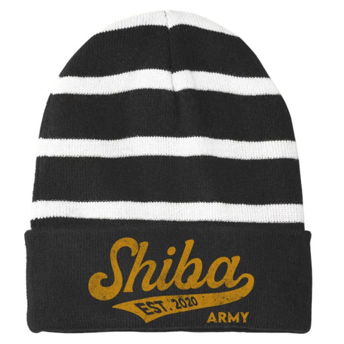 Vintage Funny Shiba Army Coin Script Bold Font Shiba Inu Striped Beanie with Solid Band