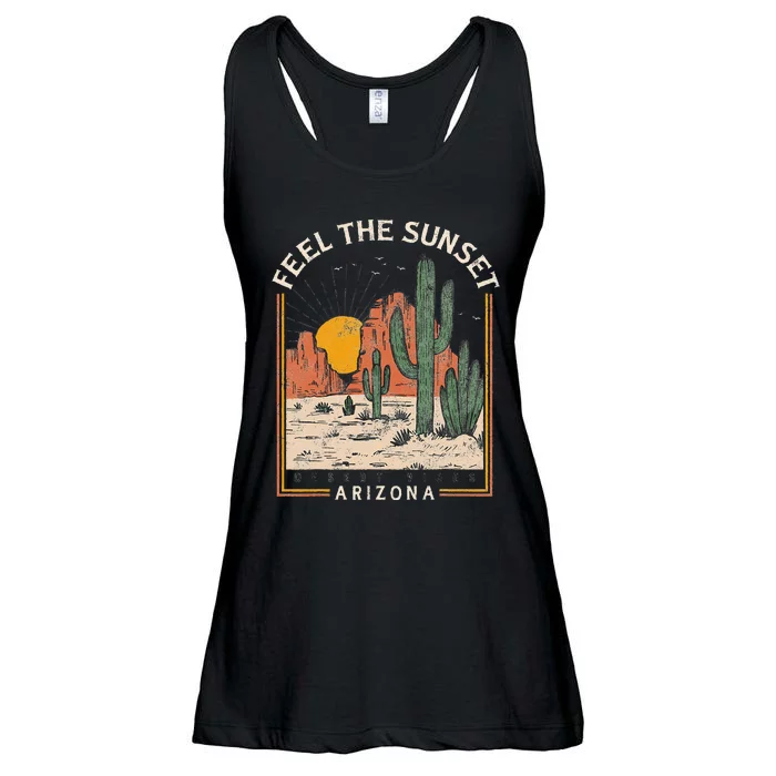 Vintage Feel Sunset Desert Vibes Arizona Mountain Cactus Ladies Essential Flowy Tank