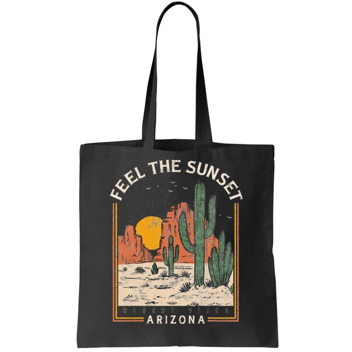 Vintage Feel Sunset Desert Vibes Arizona Mountain Cactus Tote Bag