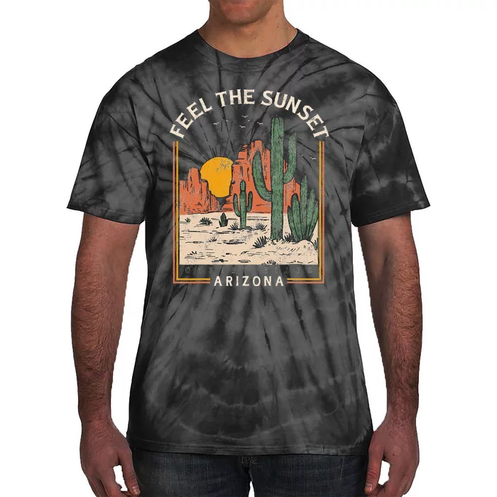 Vintage Feel Sunset Desert Vibes Arizona Mountain Cactus Tie-Dye T-Shirt